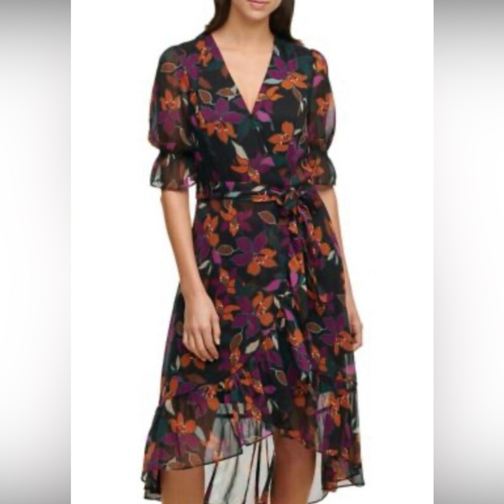 Calvin Klein Floral Chaffon Asymmetrical Wrap Dress Measures To Size Xsmall